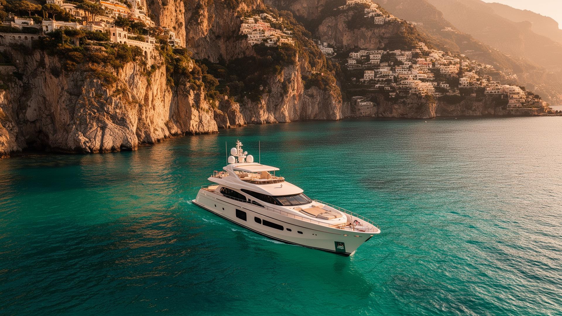 Yacht privato in navigazione lungo la Costiera Amalfitana al tramonto